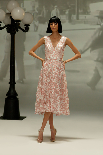 PALE PINK/WHITE CORD EMBROIDERED TULLE A-LINE MIDI DRESS WITH SHOULDER CUTOUTS