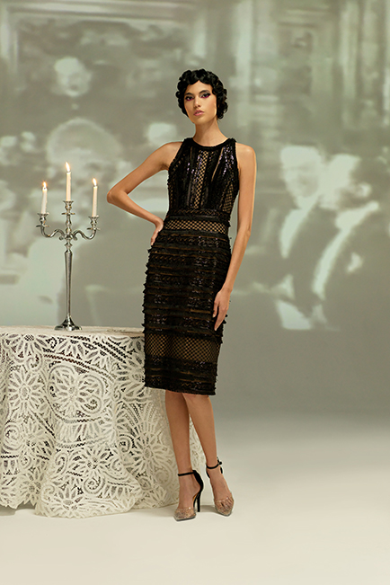 BLACK/NUDE PAILLETTE AND FRINGE EMBROIDERED TULLE SLEEVELESS DRESS 