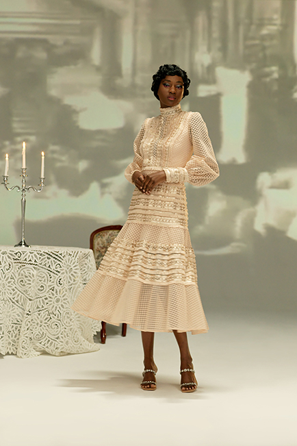 PEACH BLOSSOM PAILLETTE AND FRINGE EMBROIDERED TULLE HIGH NECK BISHOP SLEEVE MIDI DRESS