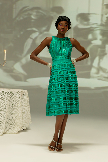 JASMINE GREEN PAILLETTE AND FRINGE EMBROIDERED TULLE SLEEVELESS A-LINE DRESS 