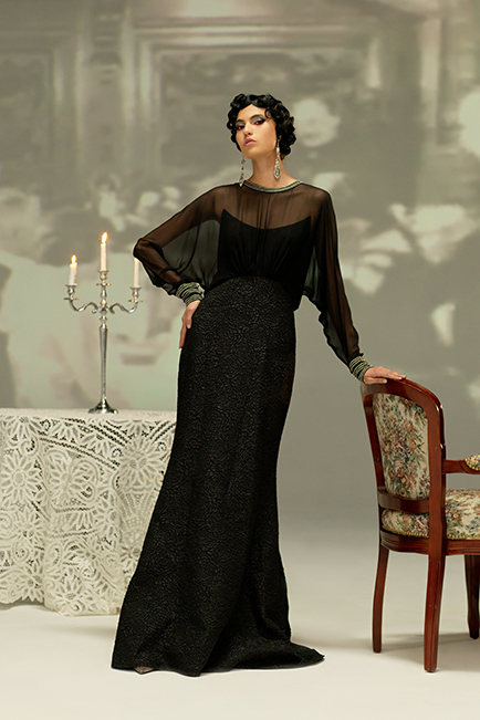 BLACK ROSE MOTIF JACQUARD GOWN WITH LONG CHIFFON RAGLAN SLEEVES AND METALLIC EMBROIDERED TRIM DETAIL 