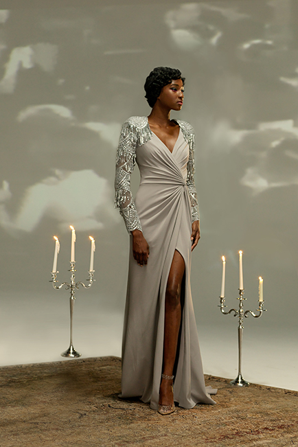 SILVER TEXTURED CREPE AND FLAPPER FRINGE EMBROIDERED TULLE V-NECK LONG SLEEVE GOWN
