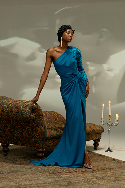 OCEAN BLUE TEXTURED CREPE ONE SLEEVE GOWN WITH CORD EMBROIDERED APPLIQUE DETAIL