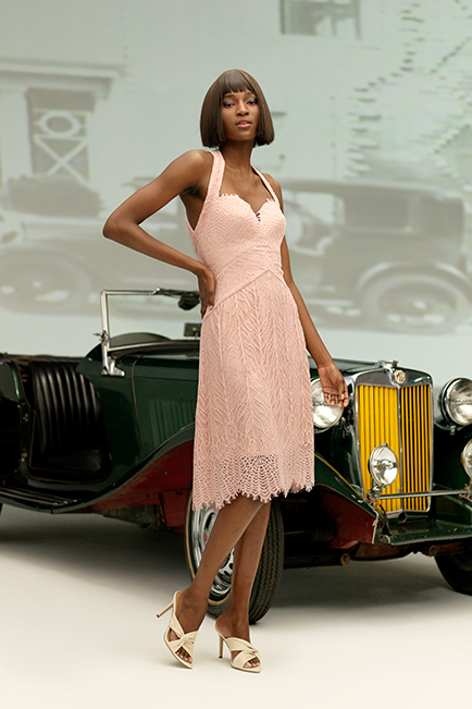 PALE PINK LACE HALTER DRESS WITH SCALLOP HEM