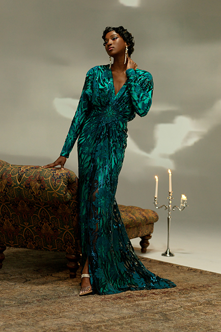 PEACOCK ART NOUVEAU MOTIFF PAILLETTE EMBROIDERED TULLE GOWN WITH LONG RAGLAN SLEEVES