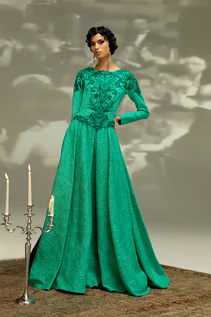 JASMINE GREEN ROSE MOTIF JACQUARD LONG SLEEVE GOWN WITH ART DECO EMBROIDERED TULLE APPLIQUE