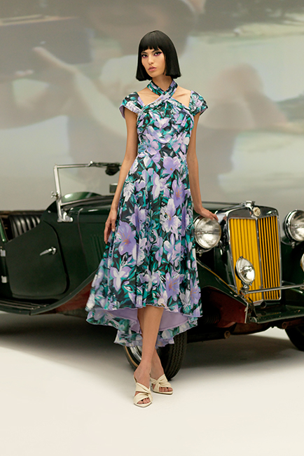 LILAC FLORAL GARDEN PRINT GEORGETTE CAP SLEEVE MIDI DRESS WITH SHOULDER CUTOUTS  