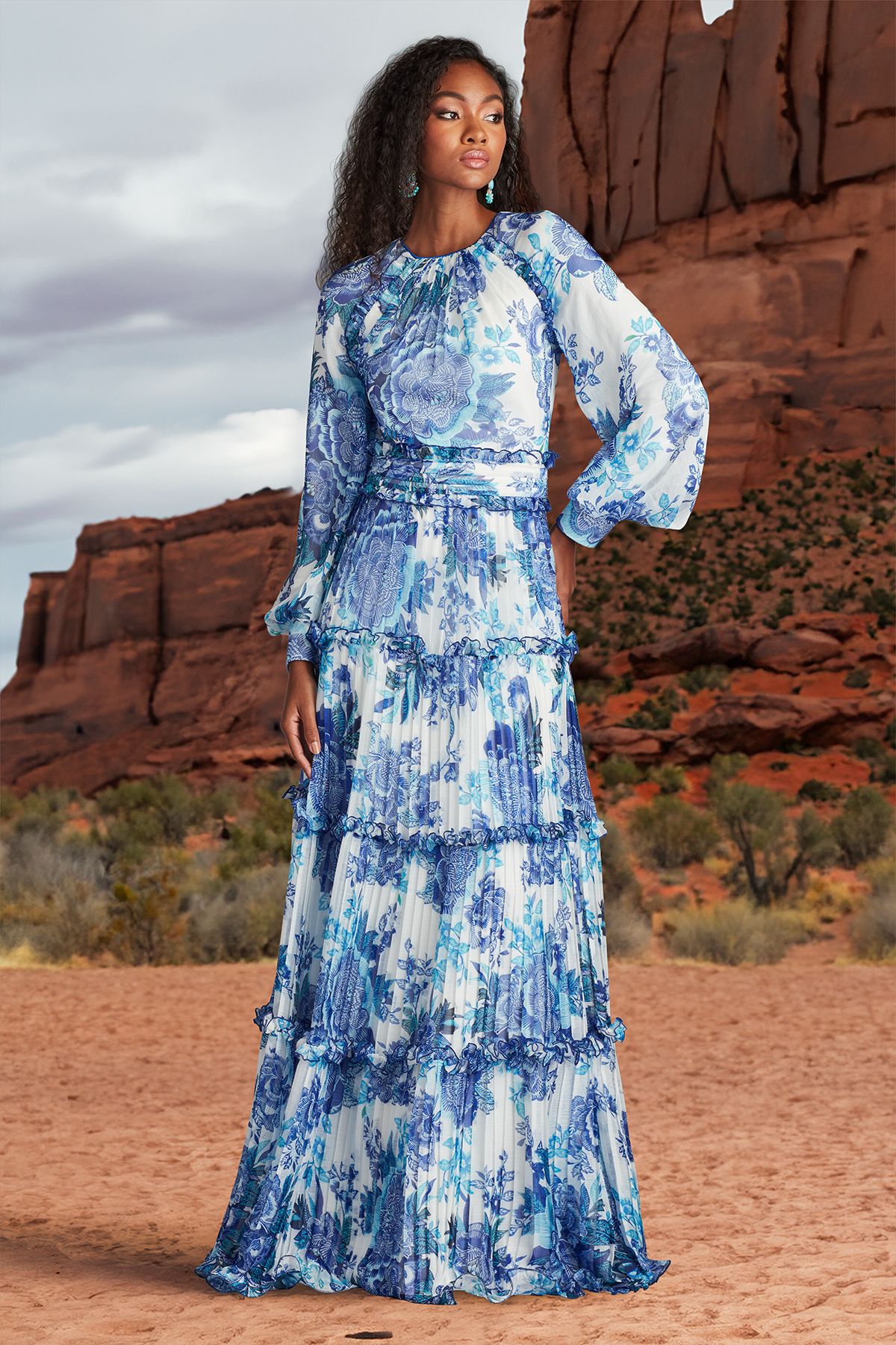 WHITE/BLUE FLORAL FLORAL PRINT GEORGETTE LONG SLEEVE FLOOR LENGTH DRESS WITH KNIFE PLEATING DETAILS