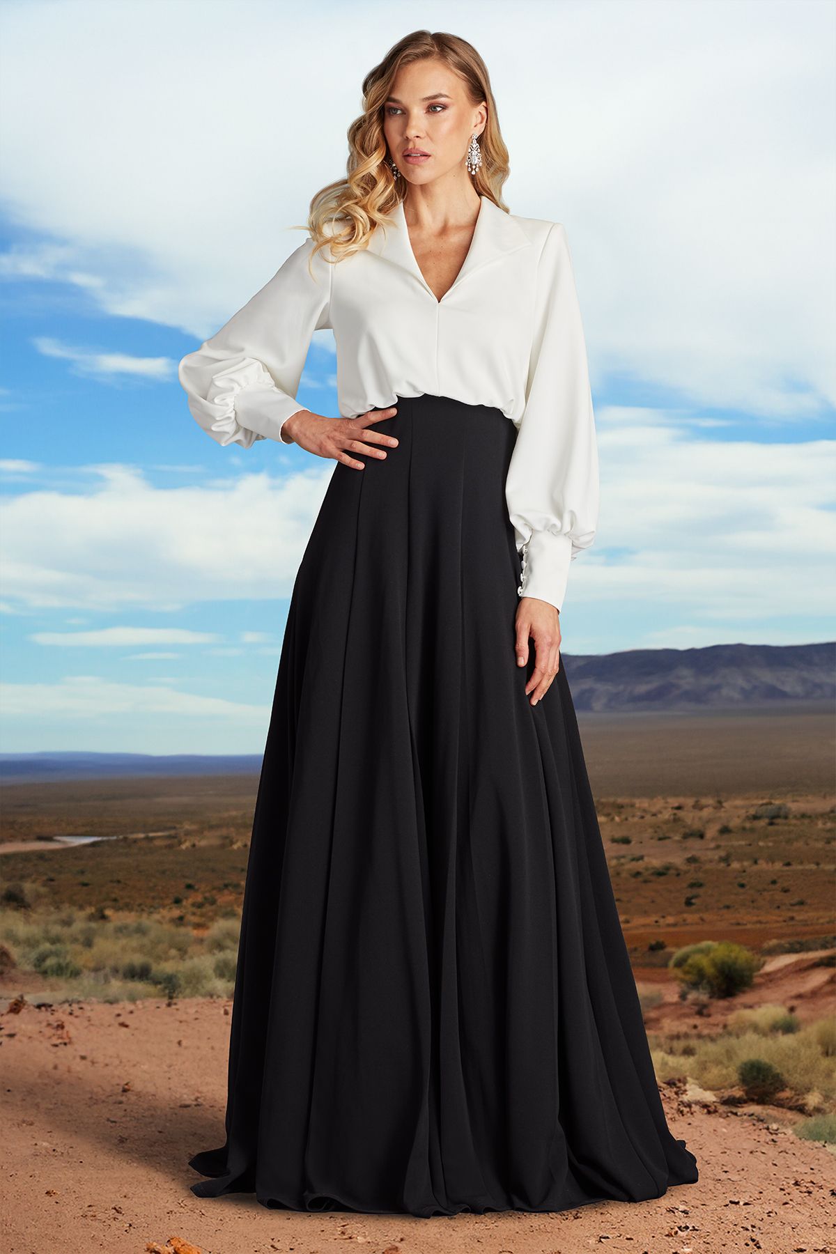 IVORY/BLACK TEXTURED CREPE CONTRAST GOWN WITH LONG BLOUSSON SLEEVES