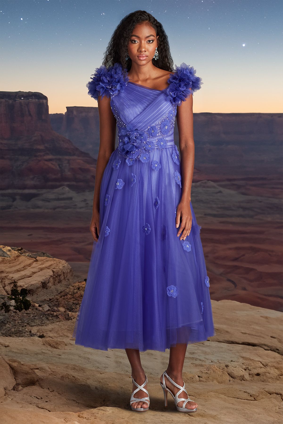 PURPLE HAZE RIBBON FLOWER EMBELISHED TULLE TEA-LENGTH DRESS WITH 3D FLORAL DETAILS