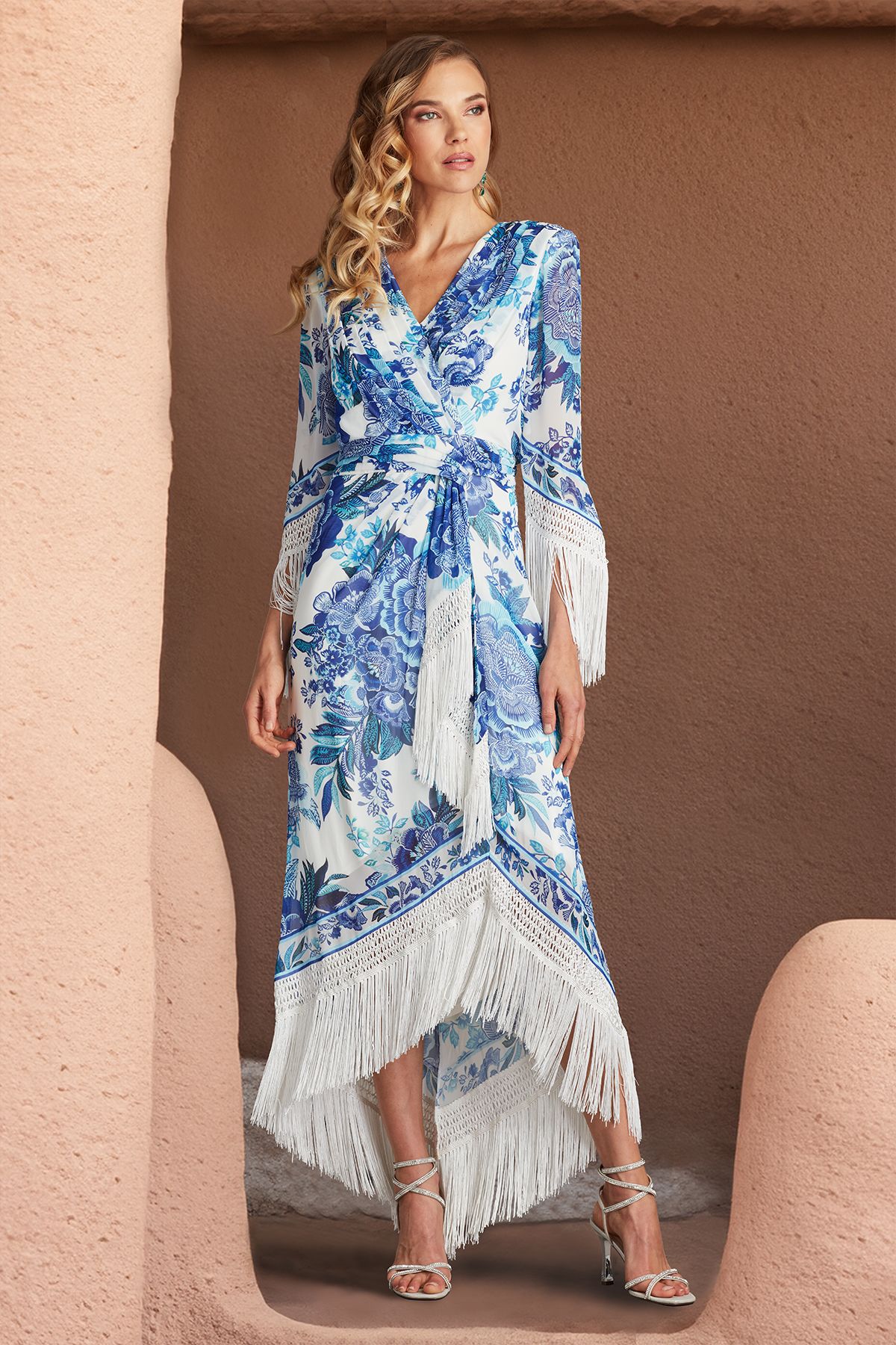 WHITE/BLUE FLORAL PRINT GEORGETTE 3/4 SLEEVE WRAP ILLUSION DRESS WITH TASSEL FRINGE DETAIL