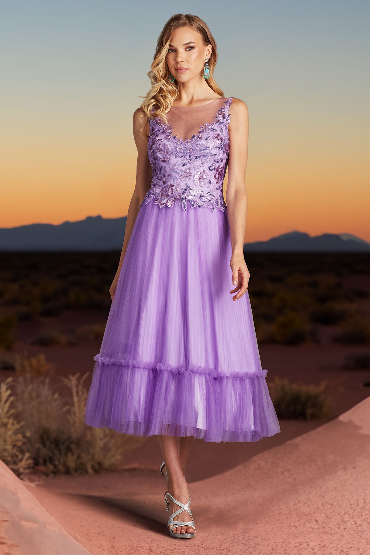PURPLE HAZE PAILLETE EMBROIDERED TULLE SLEEVELESS TEA-LENGTH DRESS