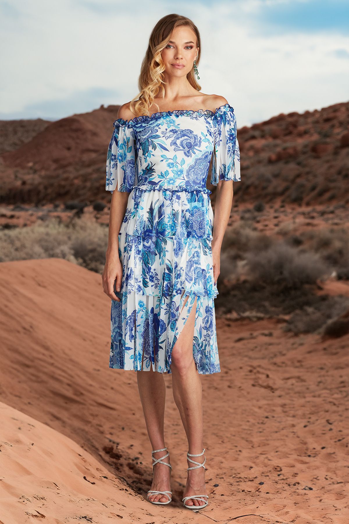 COLOR FRINGE CUT FLORAL PRINT GEORGETTE OFF-THE-SHOULDER DRESS