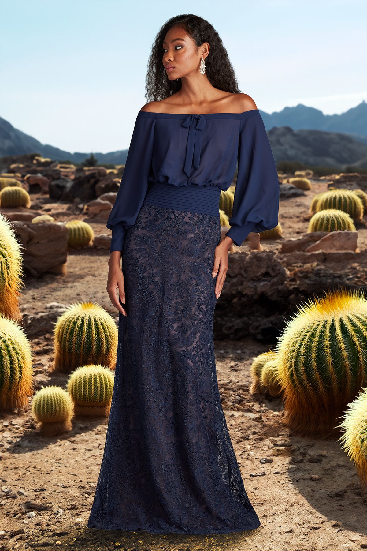 NAVY/NUDE CORD EMBROIDERED TULLE AND CHIFFON LONG SLEEVE GOWN